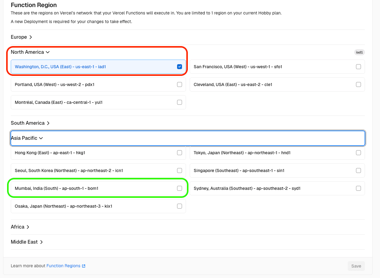 Vercel function region selector showing Mumbai India bom1 option