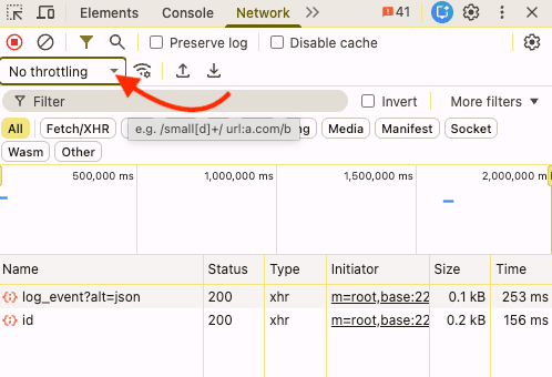 Chrome DevTools Network tab showing the throttling control used for slow network testing