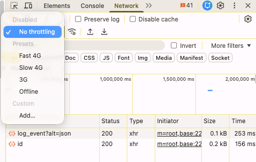 Chrome DevTools network throttling presets including Slow 4G and 3G
